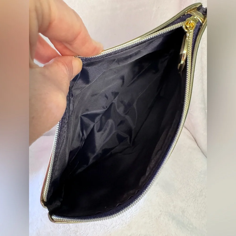 Estée Lauder Makeup Bag Cosmetic Pouch Navy Gold Star Lipstick Print Zip Clutch - Picture 4 of 5